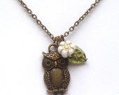Antiqued Brass White Czech Glass Flower  Owl Necklace