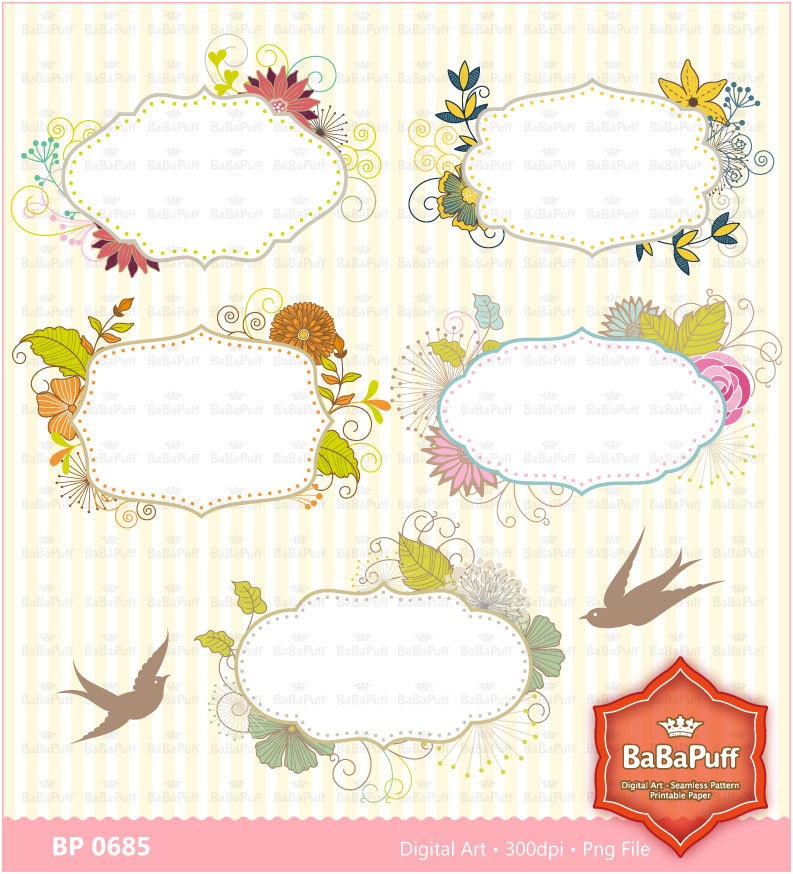 5 Digital Floral Frames and 2 Birds, Make Cards DIY, Invitations, Clip Art for Personal and Small Commercial Use. BP 0685