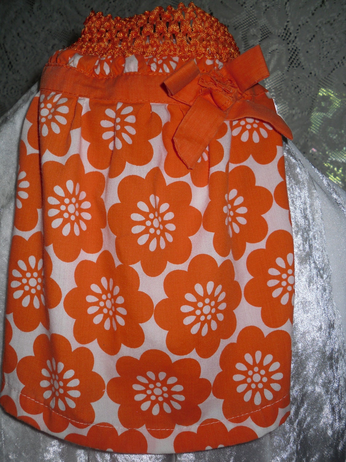 Recycled upcycled repurposed dog dress orange dog clothes dress with  orange flowered fabric eco friendly