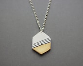 Gold Dipped Striped Hexagon Necklace (White - Gold) - Modern Handmade Jewellery