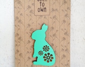 Summer Love Bunny Brooch - Hand Painted Wooden Laser Cut - Mint Turquoise Wood Brooch