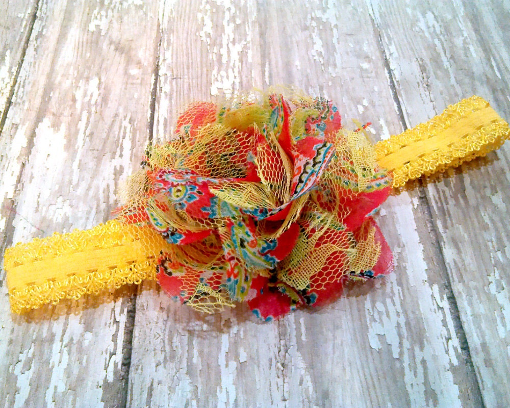 Summer Yellow and Orange Mesh and Lace Flower with FREE headband - baby headband, infant headband, toddler headband