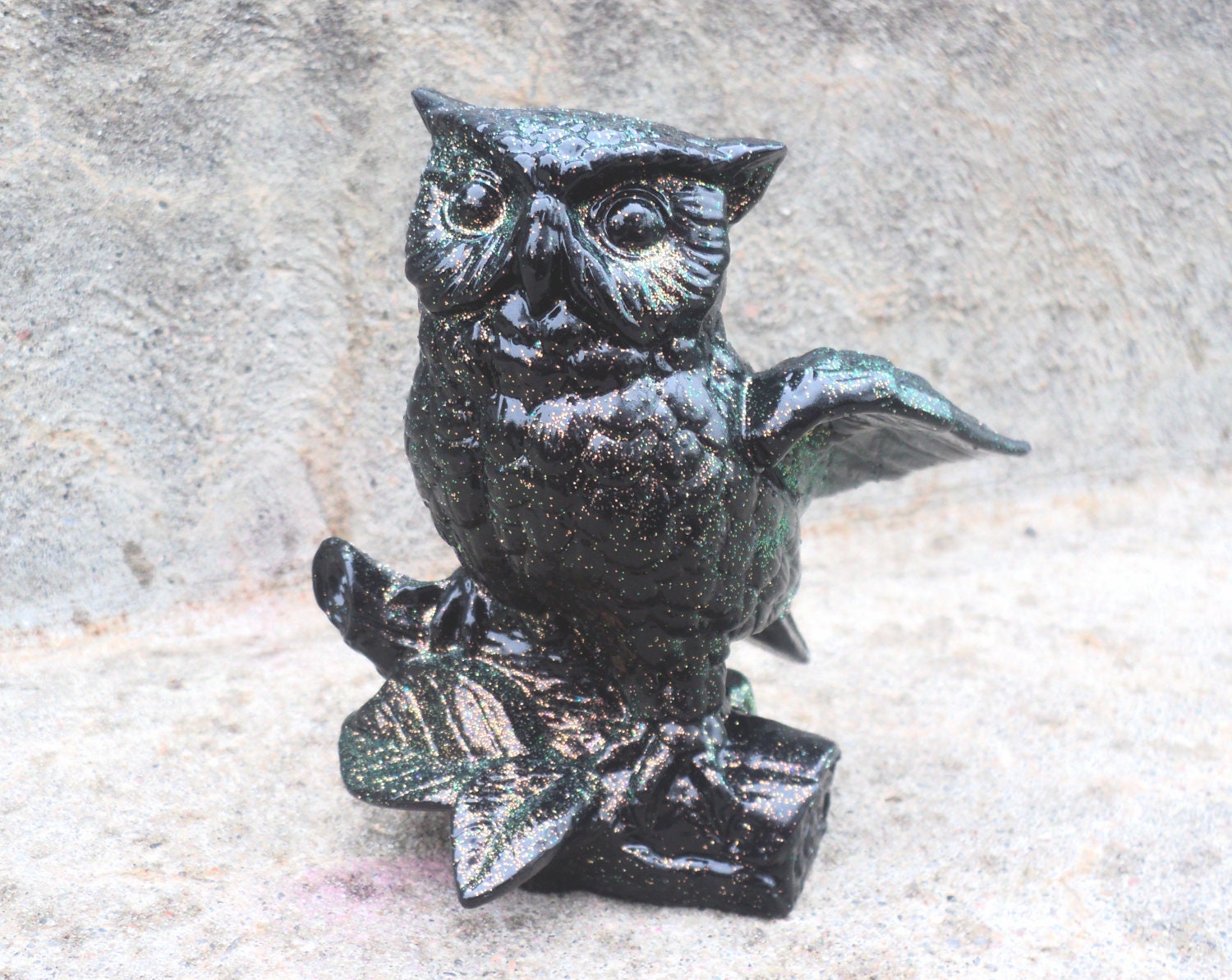 Black Glittery Owl Statue Figurine  Goth