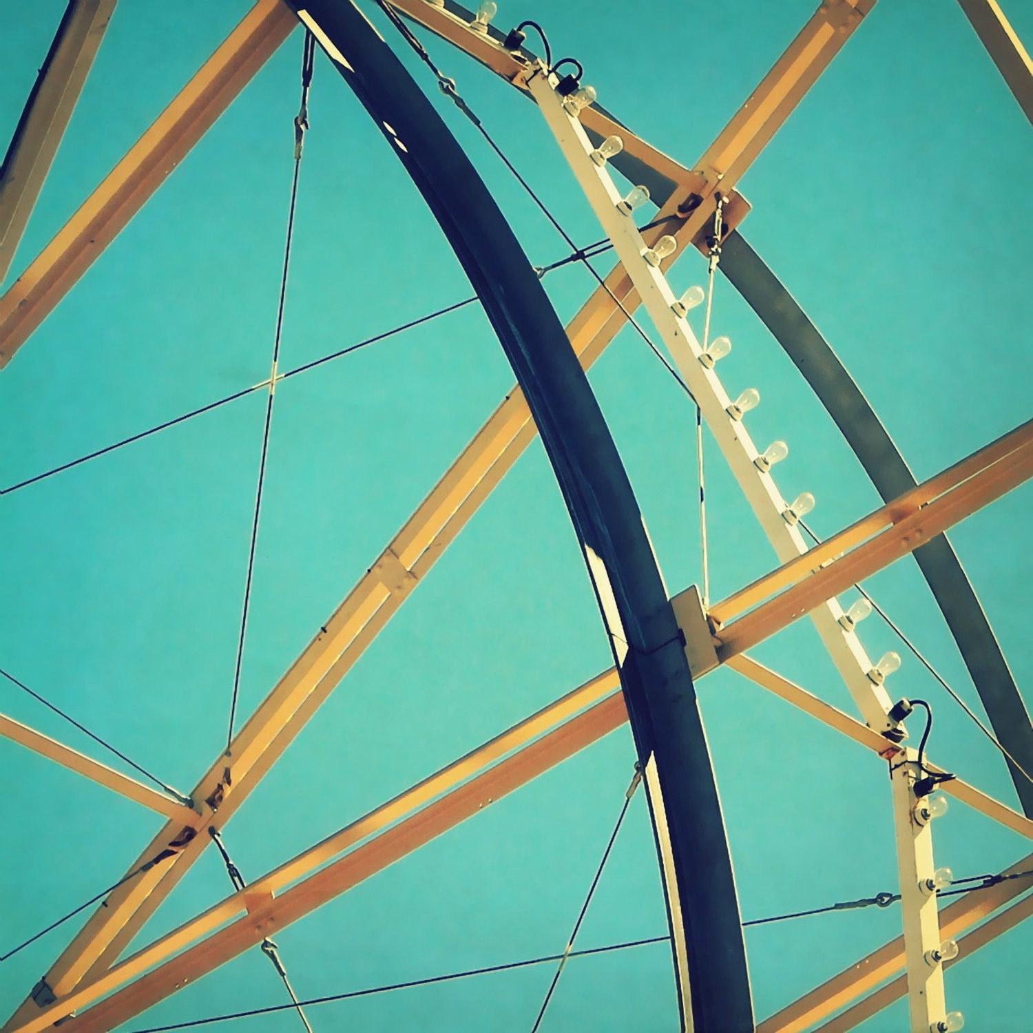 Carnival photo, geometric boardwalk decor in teal, aqua, golden, white, triangle, easter egg blue - Spokes,  8x8 fine art photograph print