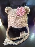 Crochet Brown Fuzzy Bear Hat with Pink Flower