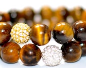 Large Tiger Eye Semi Precious Gemstone Beaded Bracelet with Gold or Silver Pave Rhinestones