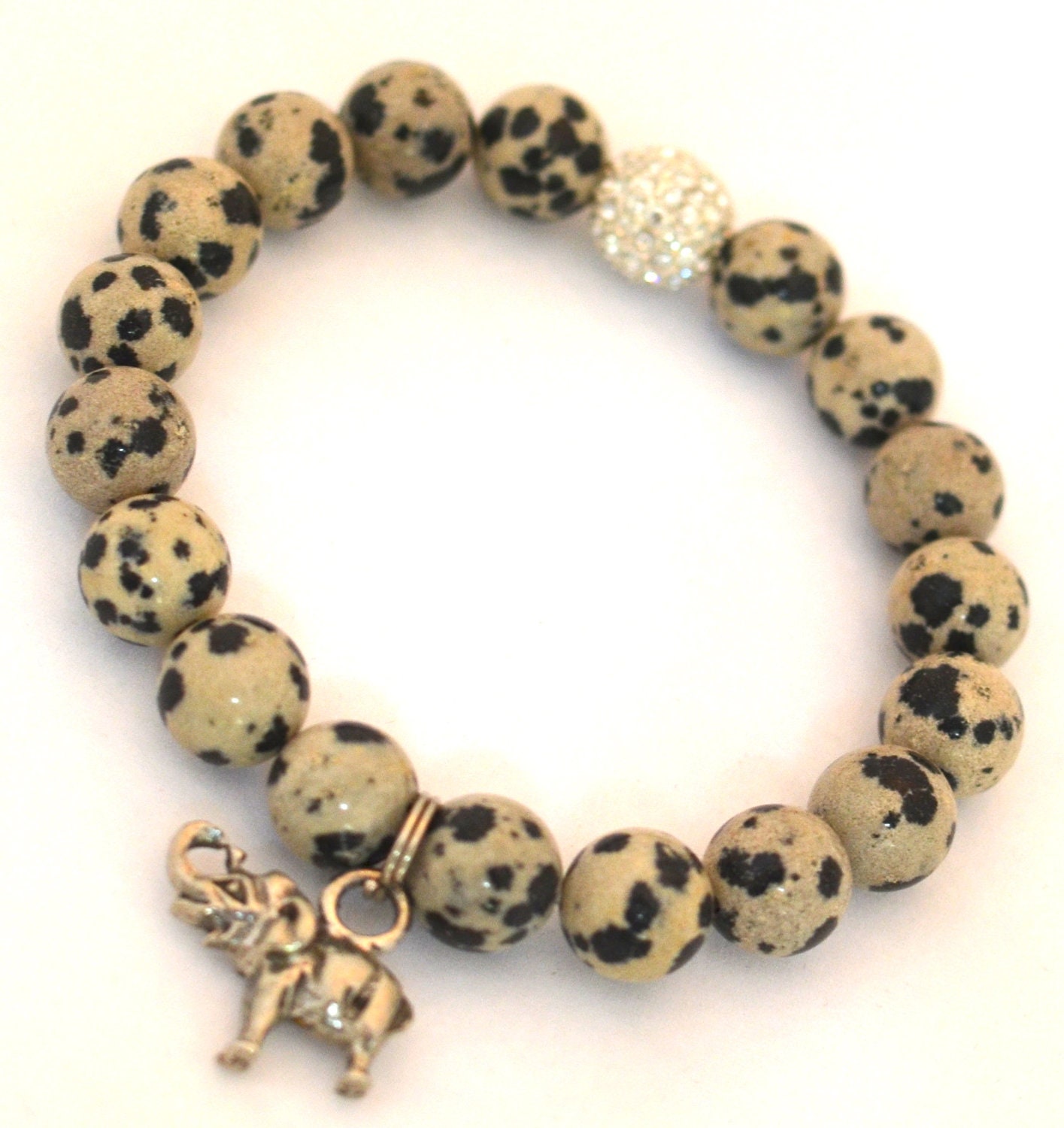 Gemstone and Silver Charm Of Your Choice Semi Precious Gemstone Beaded Bracelet with Silver Pave Rhinestones