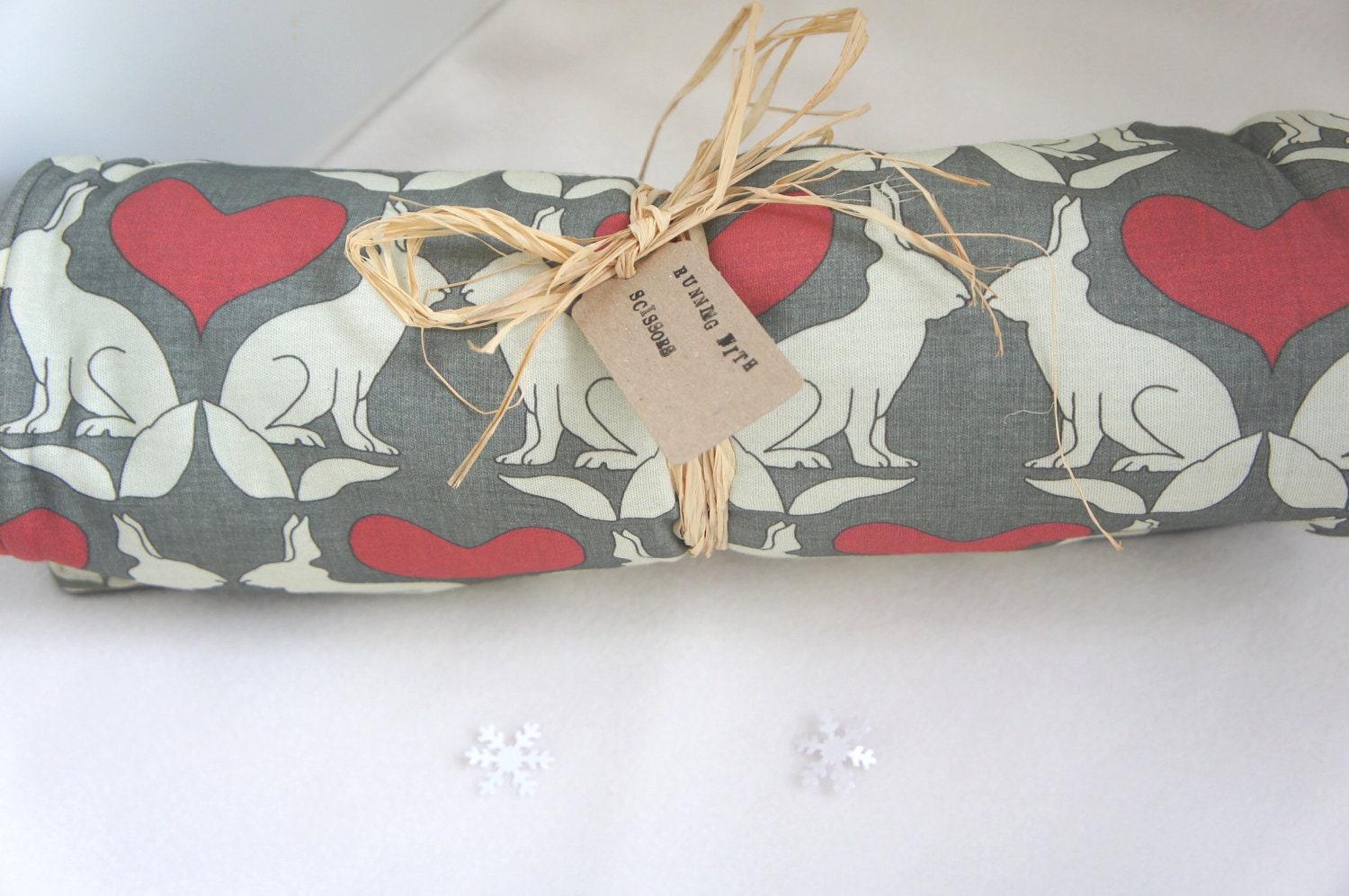 Organic baby Blanket: White Kissing Rabbits with Red Hearts on grey linen print Organic Cotton with Poly fleece Blanket.