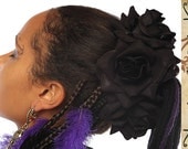 2 x BLACK VELVET ROSE hair flower clip Goth Lolita fascinator Dark Tribal Fusion jewelry Belly Dance costume accessory Reenactment barrette