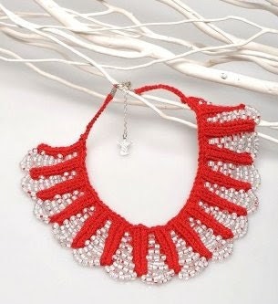 Hand Knit Red Necklace Collar with White Glass Beaded