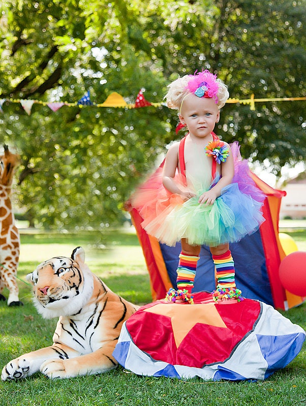 girls clown tutu set 6 pieces  leg warmers tie dye rainbow flower clip  9 months - 4T curly ostrich headband