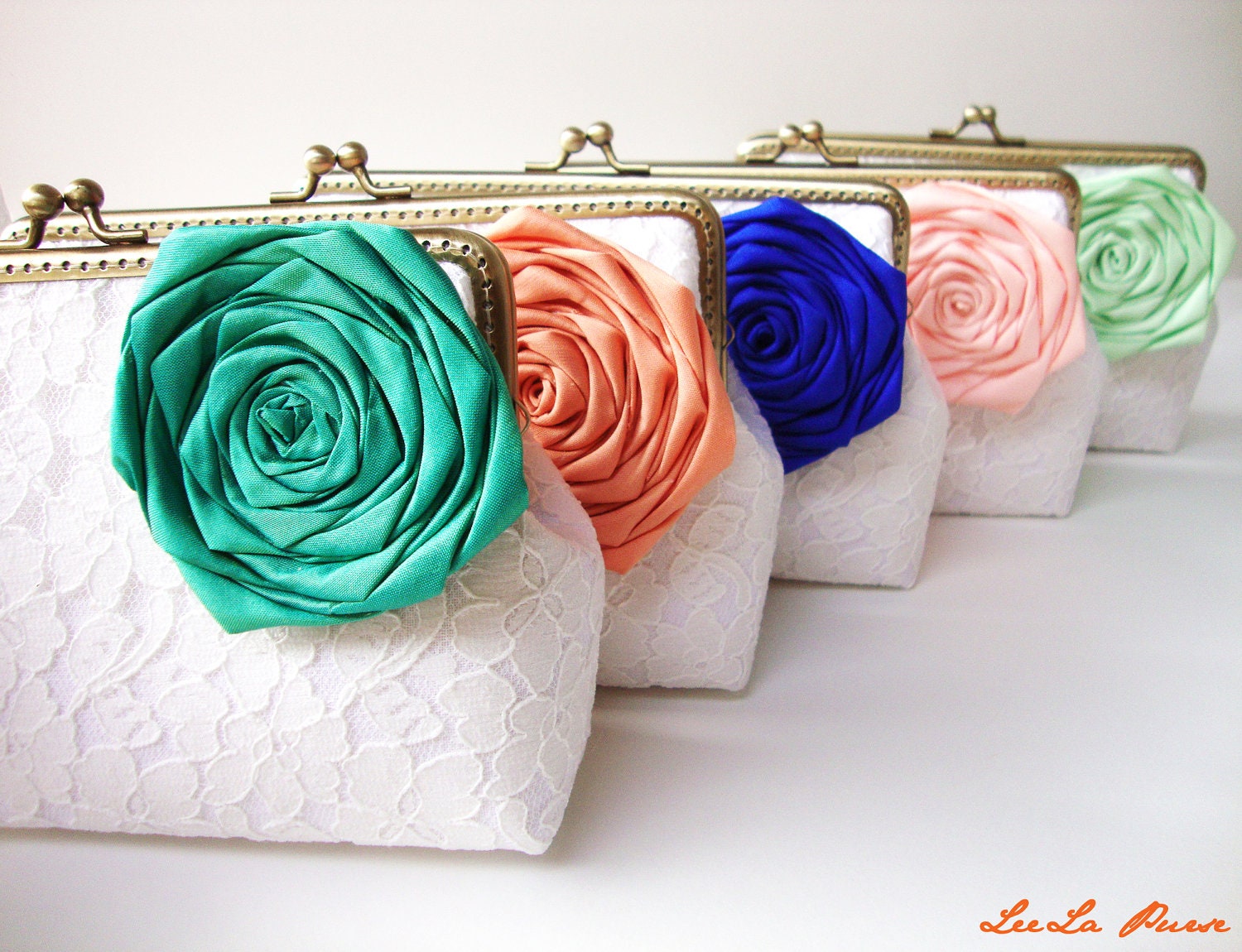 Bridesmaids gift idea - 5 Lace Clutches with Jade Orange Blue Peach Mint Silk Roses or choose your own initial option - rustic wedding
