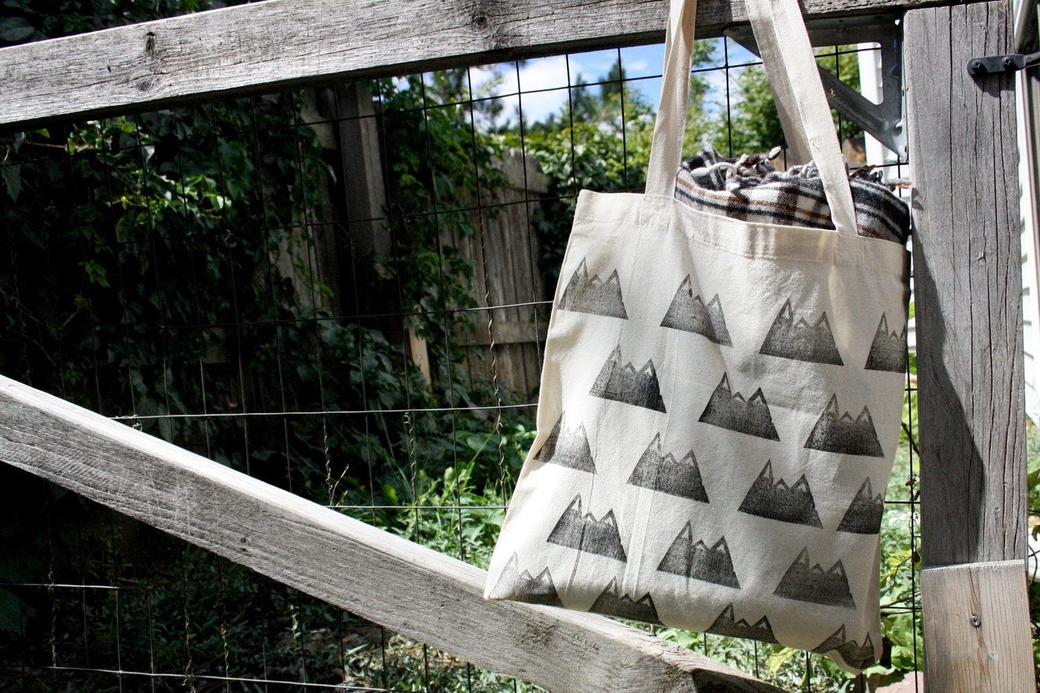 SALE Mountain Tote Bag Block Print in Black ink on natural canvas