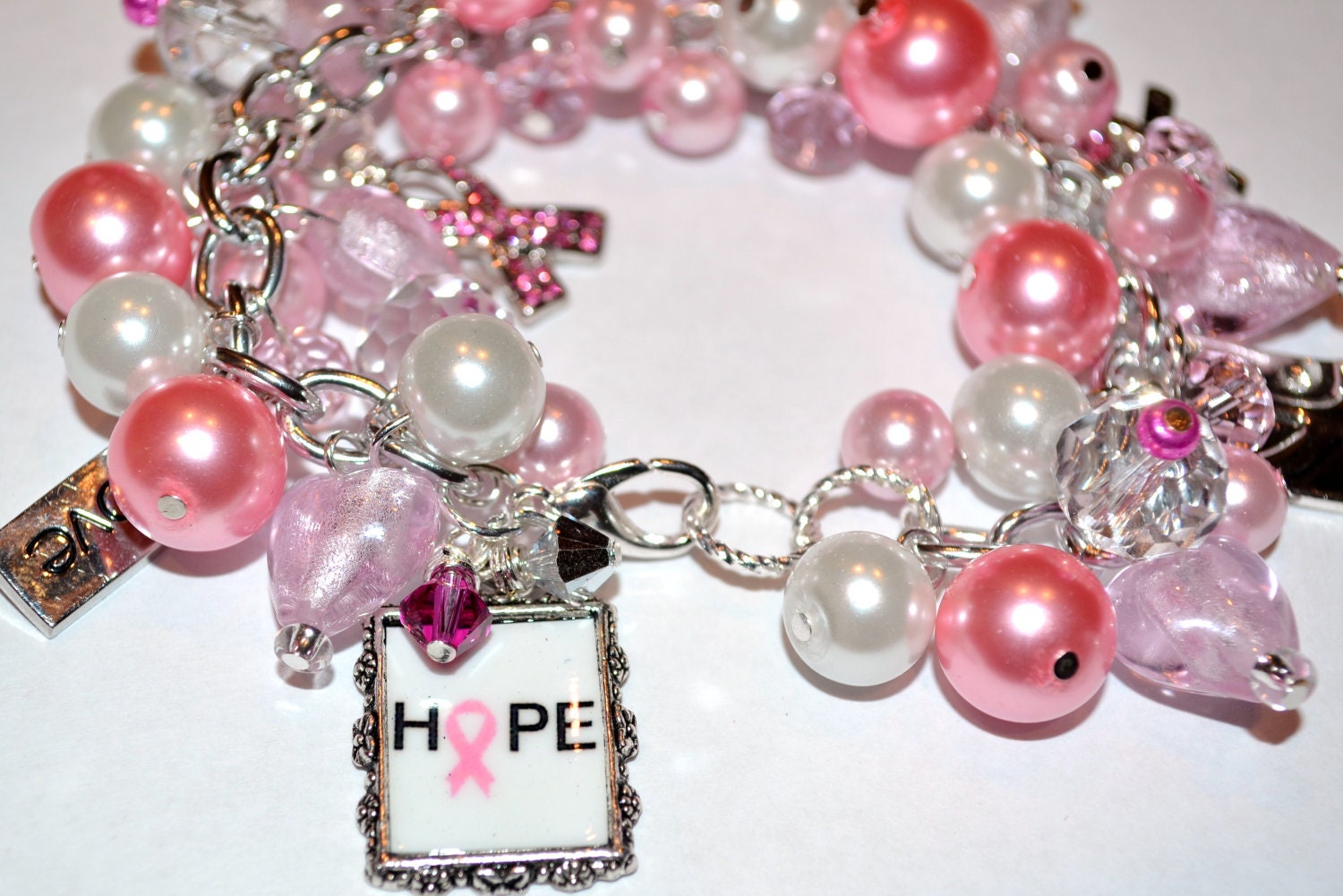 BREAST CANCER AWARENESS Charm Bracelet Handmade Altered Art Hope Charm Free2BDesigns Ready to Ship Pink Awareness Jewelry