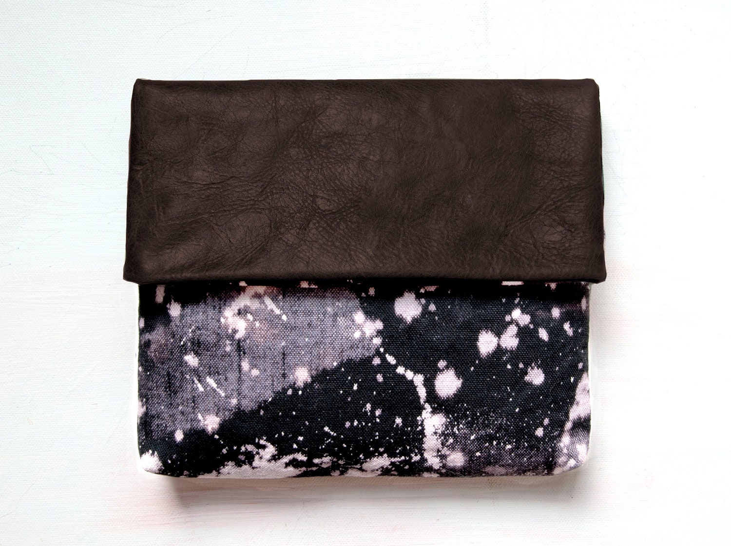 HAND DYED Brown Leather Clutch Fold Over Envelope Clutch. Hand Dyed Bleach Black