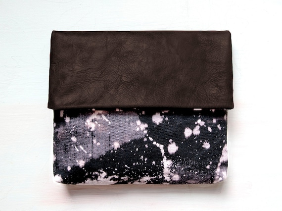 HAND DYED Brown Leather Clutch Fold Over Envelope Clutch. Hand Dyed Bleach Black