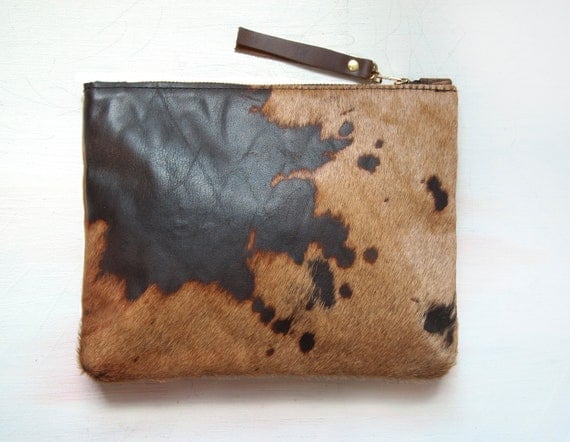 Last one. Ready to ship. A N I M A L Hair on Hide Clutch. Leather Animal Clutch. Brown Leather Clutch