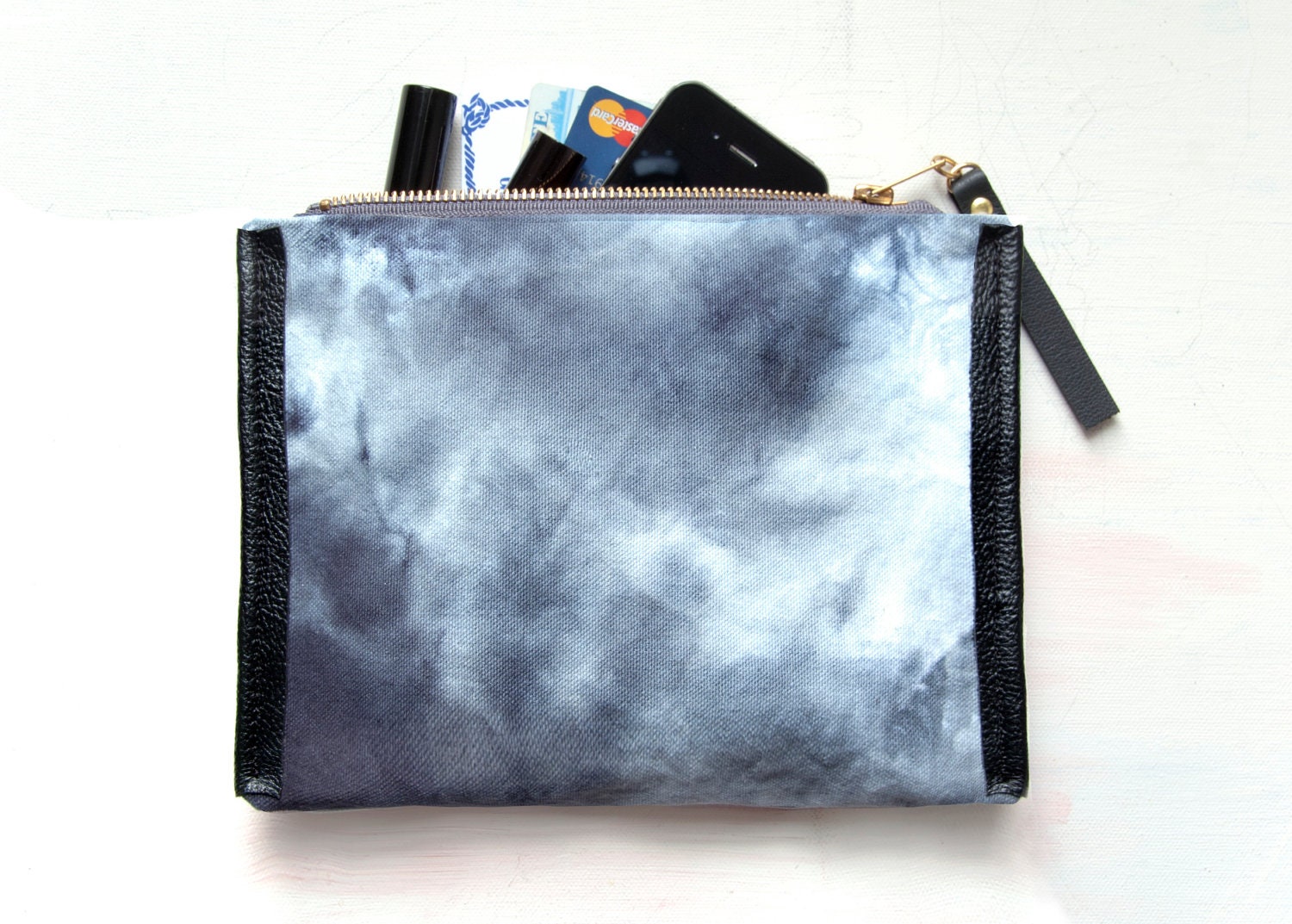 SALE. N I G H T SKY Clutch. Hand Dyed Make up Bag. Tie Dyed Clutch. Leather Make Up Bag.