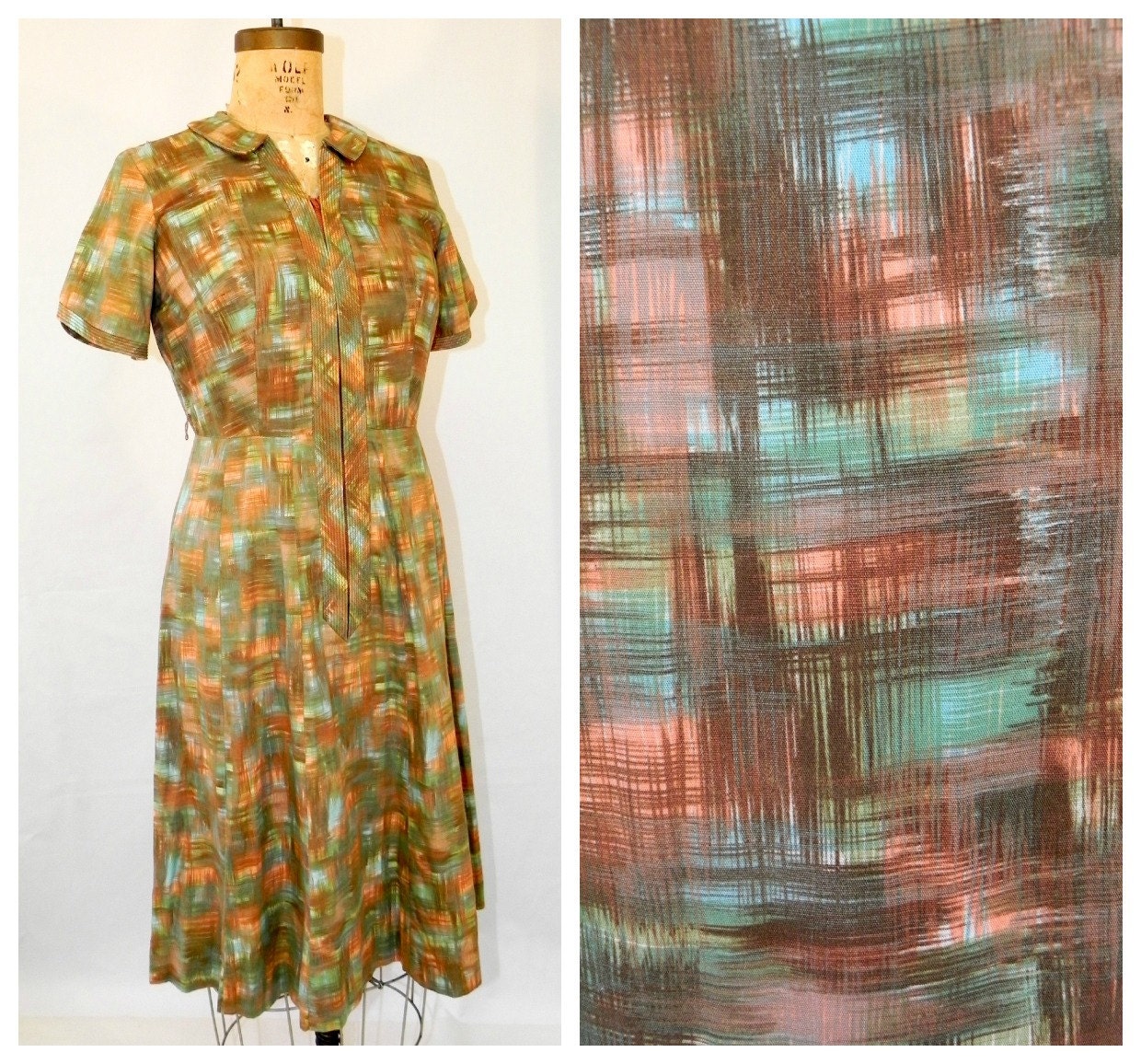 vintage 60s day dress - a pennette original - brush stroke plaid novelty pattern - medium to large