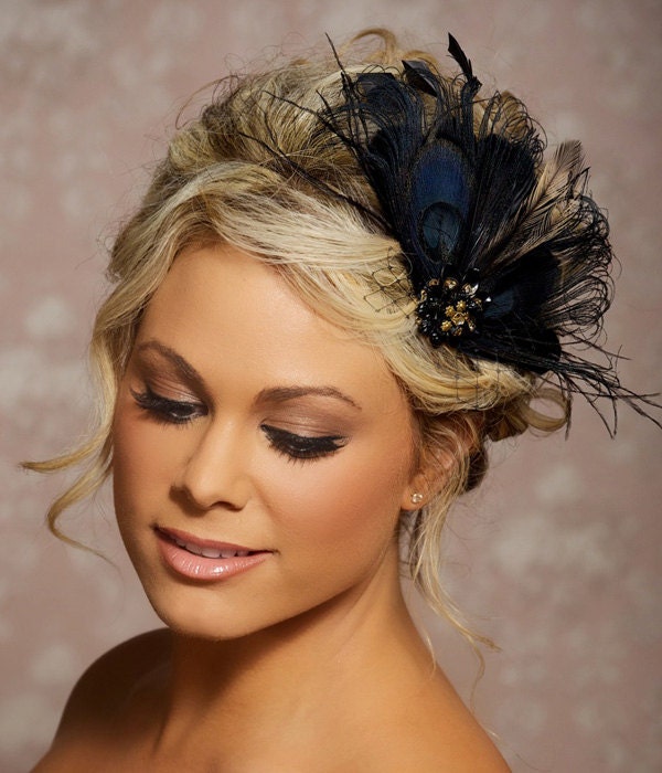 Black Peacock Hair Clip Bridal Head Piece Peacock Feather Fascinator Wedding Hairpiece Hair Accessories - Made to Order - TONYA
