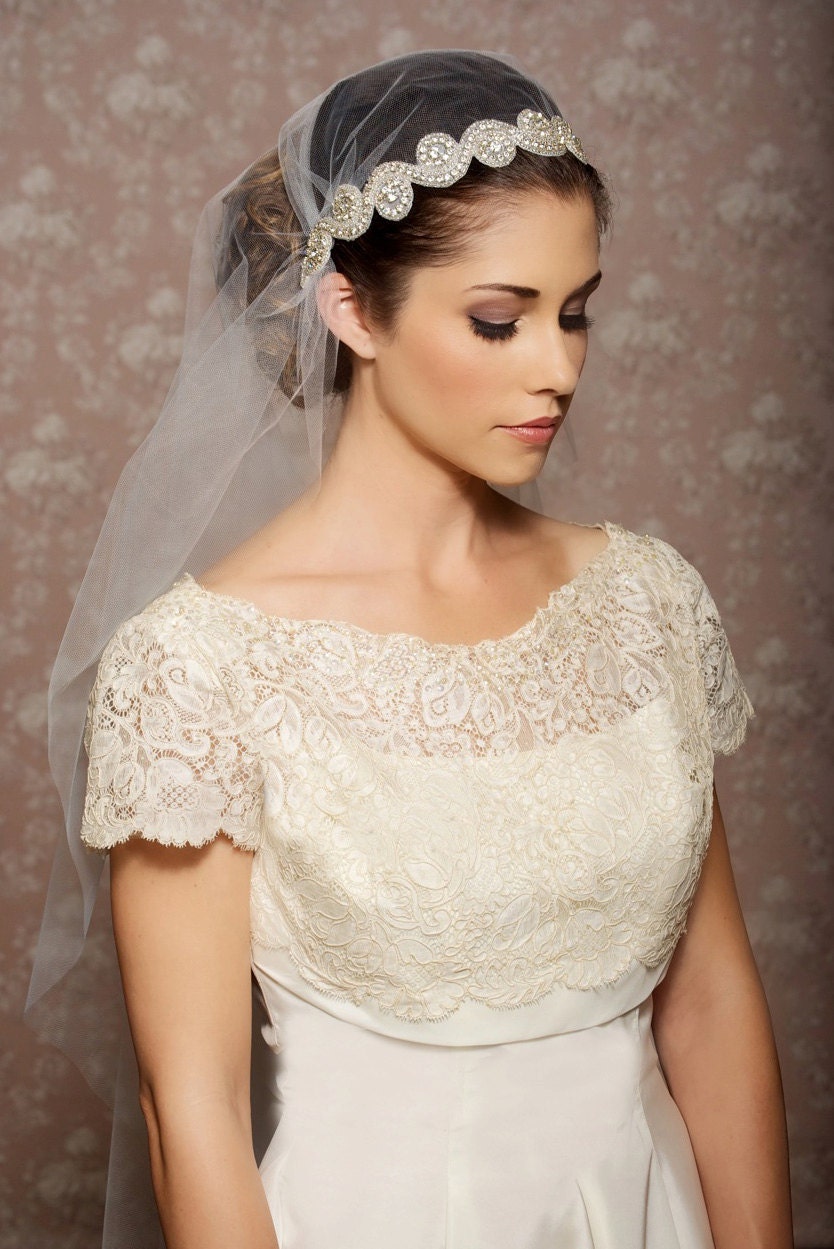 Juliet Cap Veil Vintage Inspired Tulle Veil, Juliet Veil, Rhinestones, Crystals, Art Deco - Made to Order - TARA