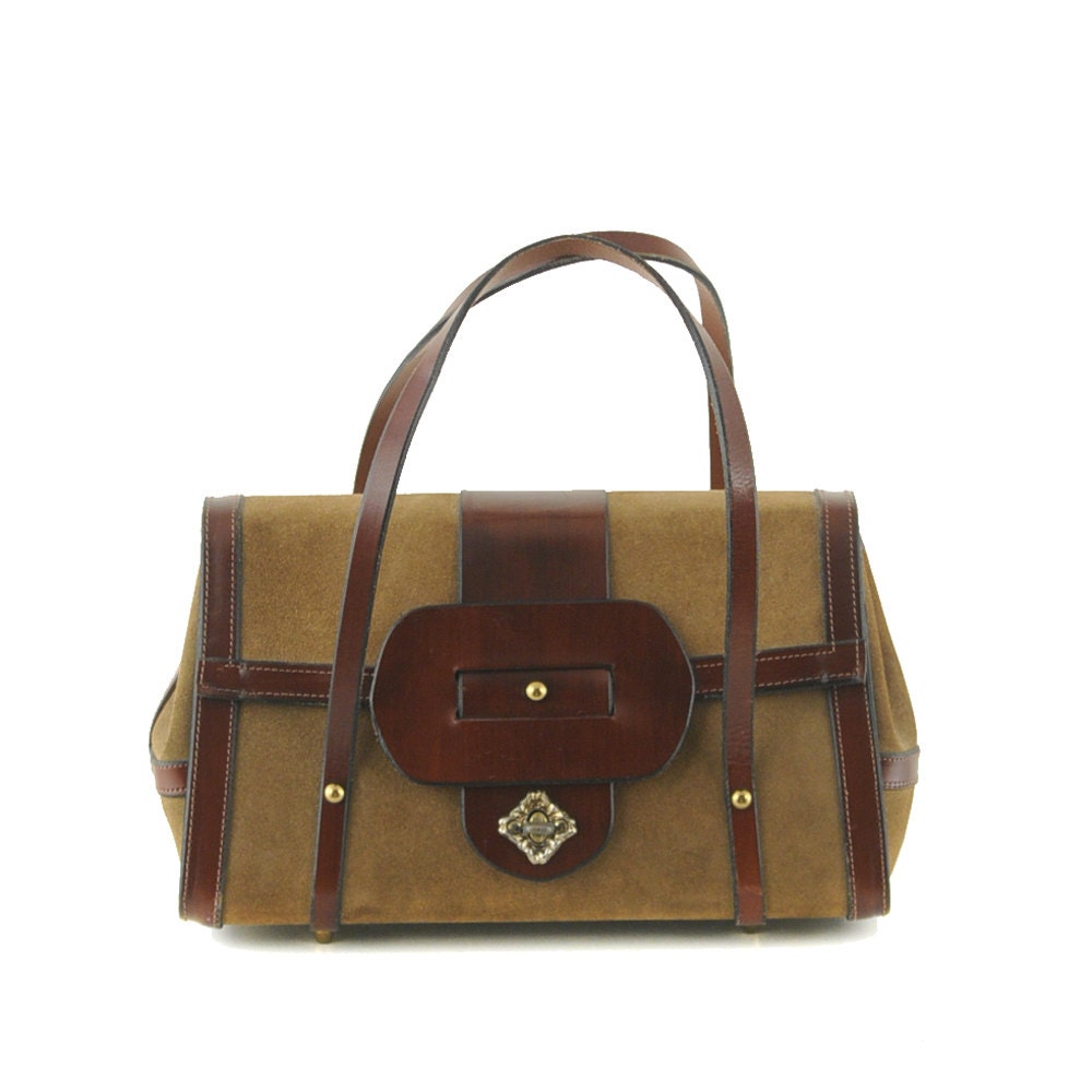 Vintage 1950's English Collegiate Leather & Suede Satchel Handbag Purse