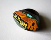 Traditional Yellow Danish Houses of Gudhjem painted on an oval curved top wooden ring - rosemillerart