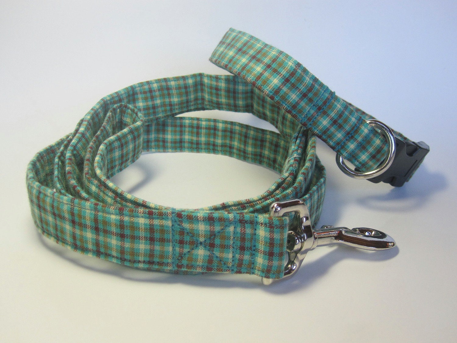 Green Woven Plaid Dog Collar Leash Set size Medium
