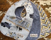 Baby Bibs Boy - Set of 3 - Chenille - Madrona Road - Blue and Grey - Farm Trucks, Herringbone & Haystack