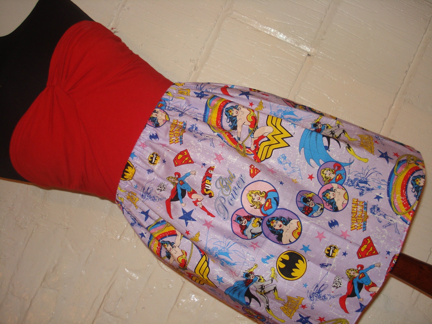 Lilac Female Superhero Mini Skirt with Wonder Woman, Batgirl and Supergirl-  High Waisted Ladies - Handmade Ready to ship
