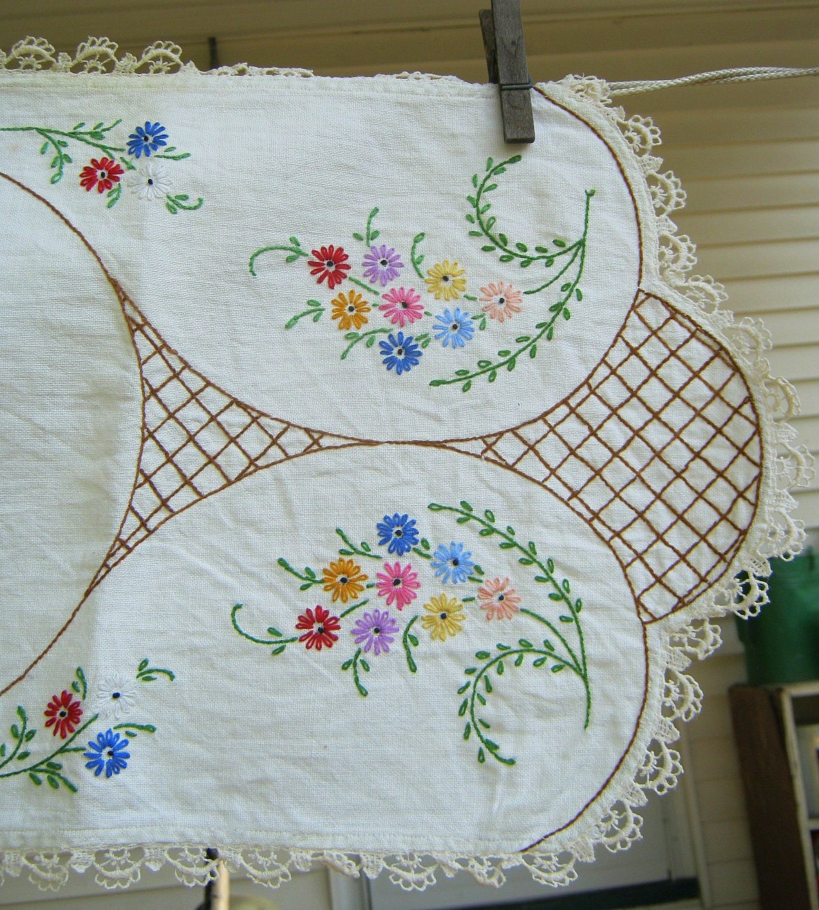 Vintage Dresser Scarf Floral Embroidery Crochet Trim Table Linens