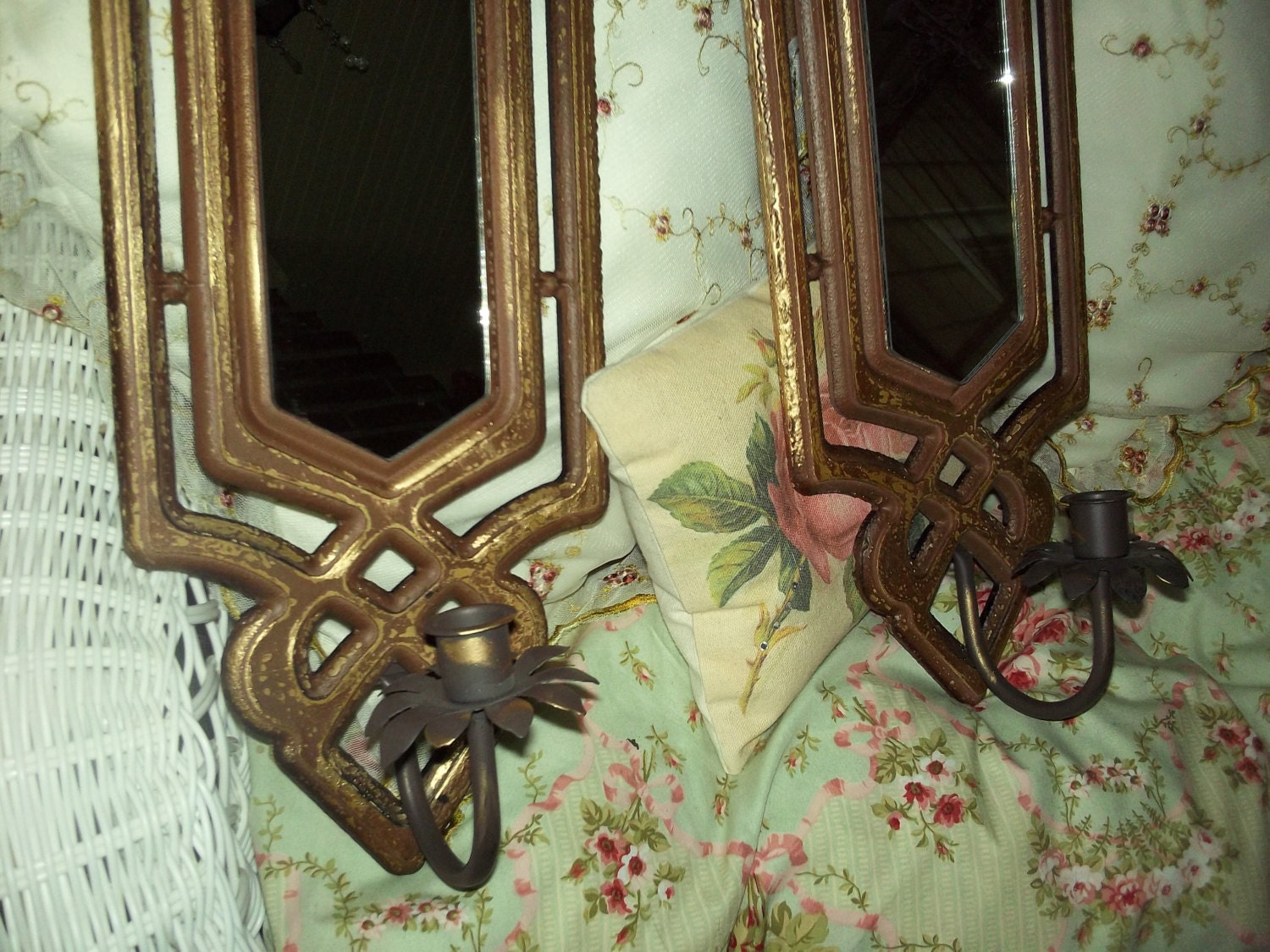 Cute ornate patina brown and gold, Victorian, French farmhouse mirrored wall candle sconces.