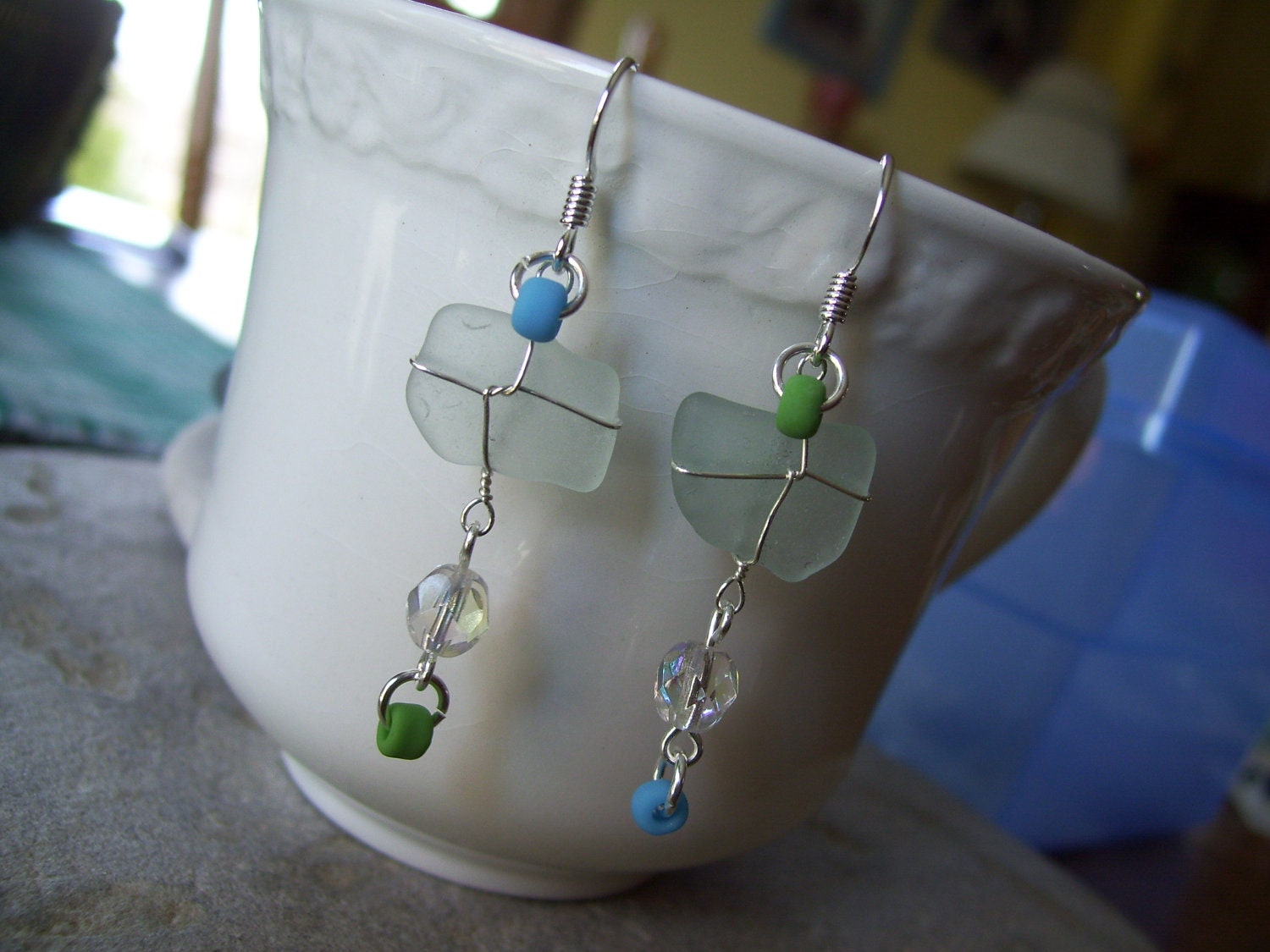 Beach Glass Earrings with Blue, Green, and Crystal beads - Lake Michigan beach glass