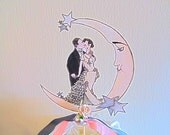 Custom Painted Crescent Moon Cake Topper - Vintage Inspired - Outlined in Silver Glitter