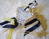 Deco Wedding Cake Topper Set - Custom Hand Painted Bride and Groom- Great Gatsby - Outlined in Gold Glitter