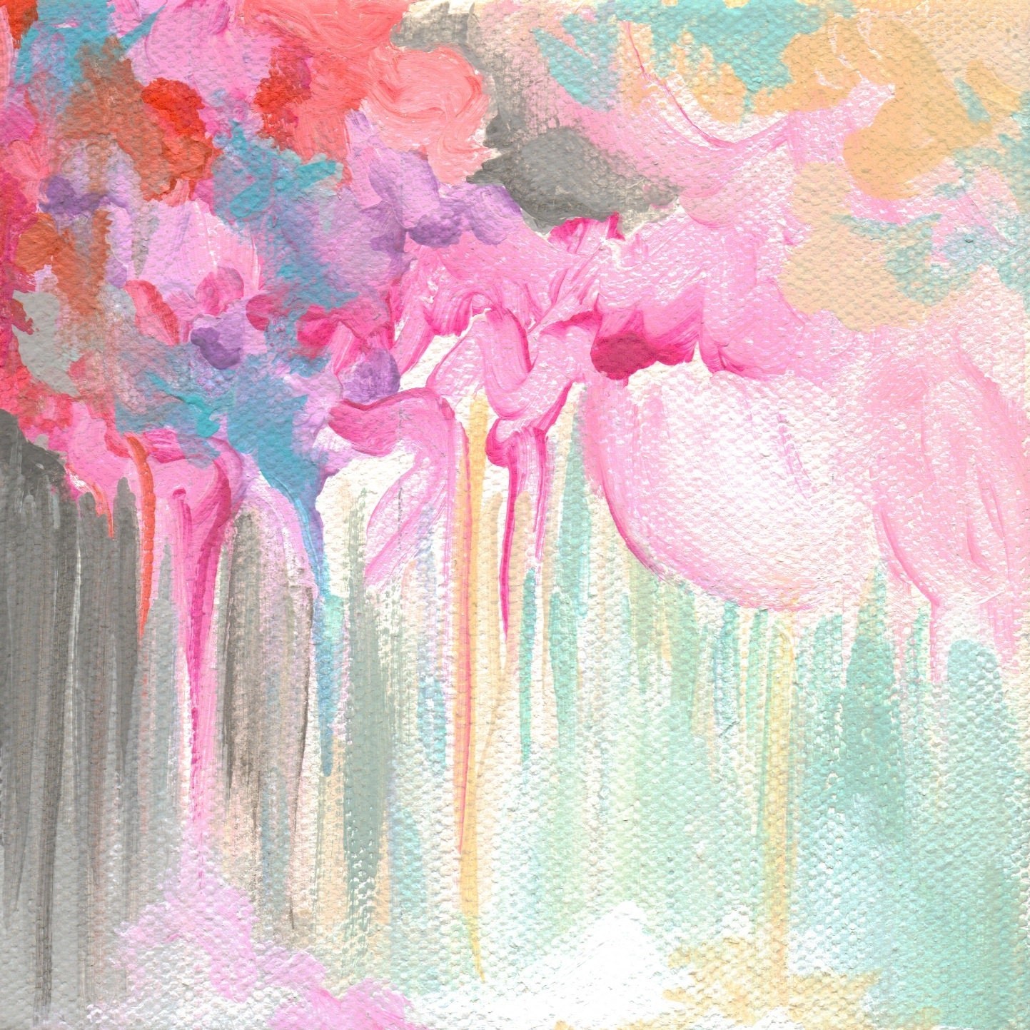 Original Abstract Painting / 5 x 5" / "April Rain" / OOAK Acrylic on Canvas Painting / Gray, Vermillion, Pink, Turquoise