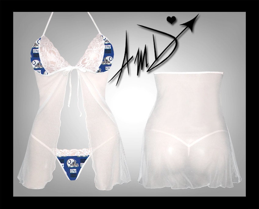 NFL Indianapolis Colts custom made to fit lingerie scalloped lace accent teddy baby doll dress with matching G string set