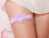 Lavender Garter - Wedding Garter Lavender Organza Flower, Crystal Garter