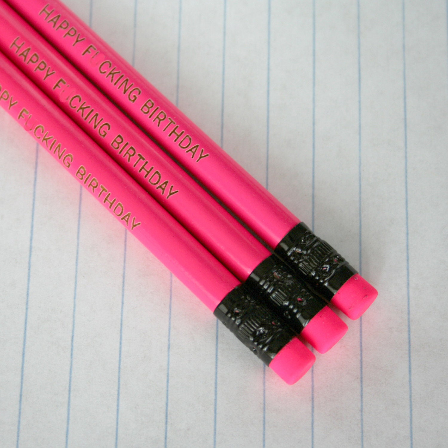 happy f%cking birthday pencil set 3 three bright hot pink pencils. birthday greetings and wishes for friendly folks. MATURE