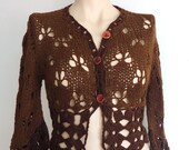 Women's 3/4 sleeved  cardigan /Hand Knit Bolero S-M / Dark brown /  Acrylic Jacket .