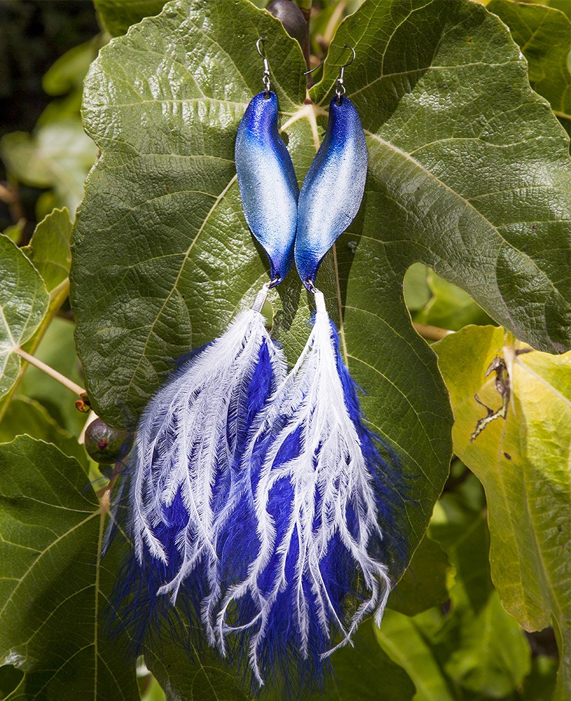 Electric Blue Silver Feathery Leathery Leaf Dangle Earrings, Sterling Silver, Lightweight, Handcrafted, Hipster, Elven, Fairy OOAK