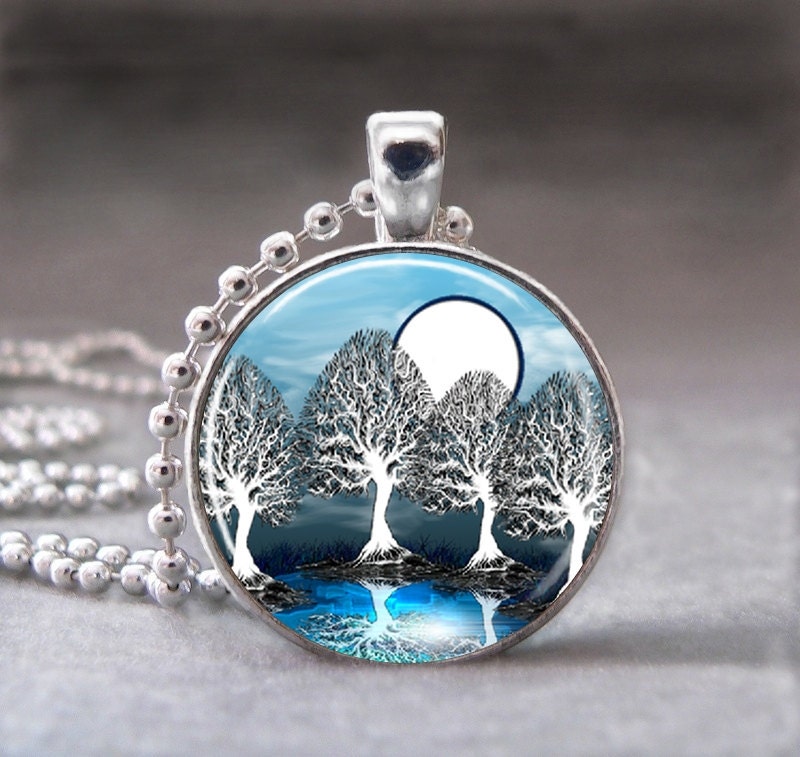 Night Trees under the Moon and Blue Sky, Altered Art Pendant, Photo Pendant, Glass Dome Pendant with Ball Chain - no. 084-27