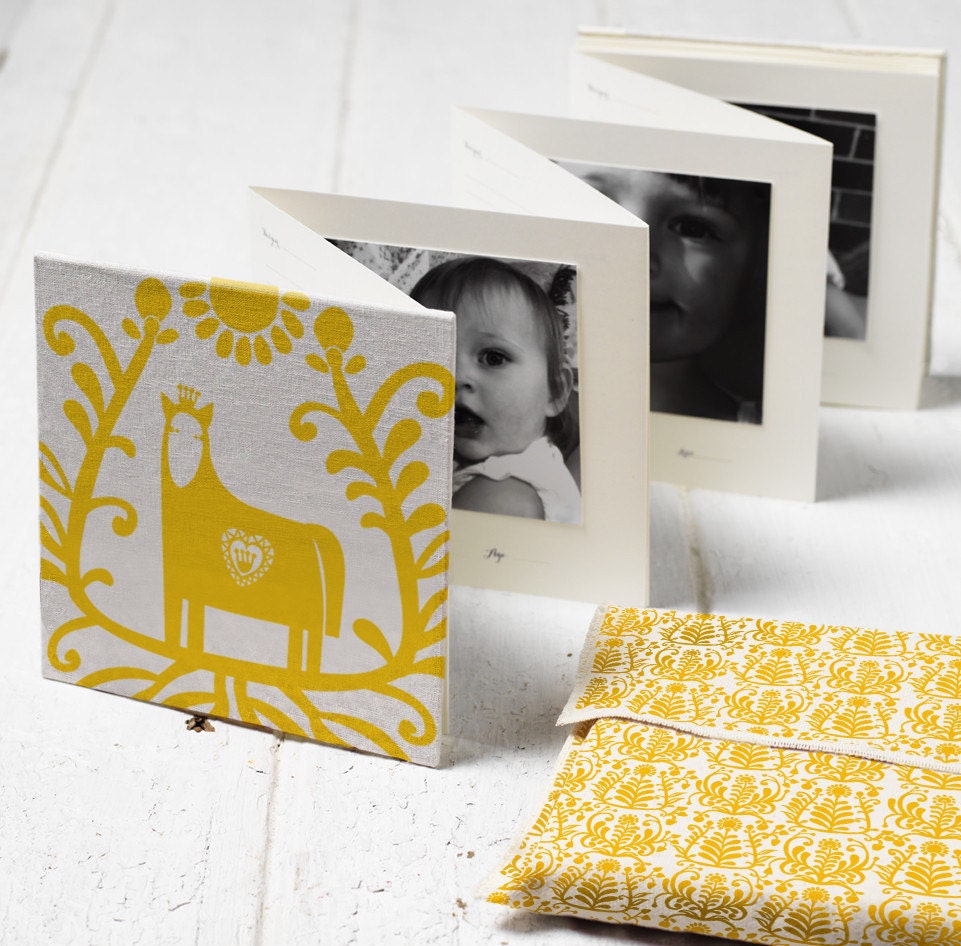 ONCE-A-YEAR BOOK, Yellow Horse design/ Hand bound baby's photo album keepsake & memory book, journal and first words notebook all in one.