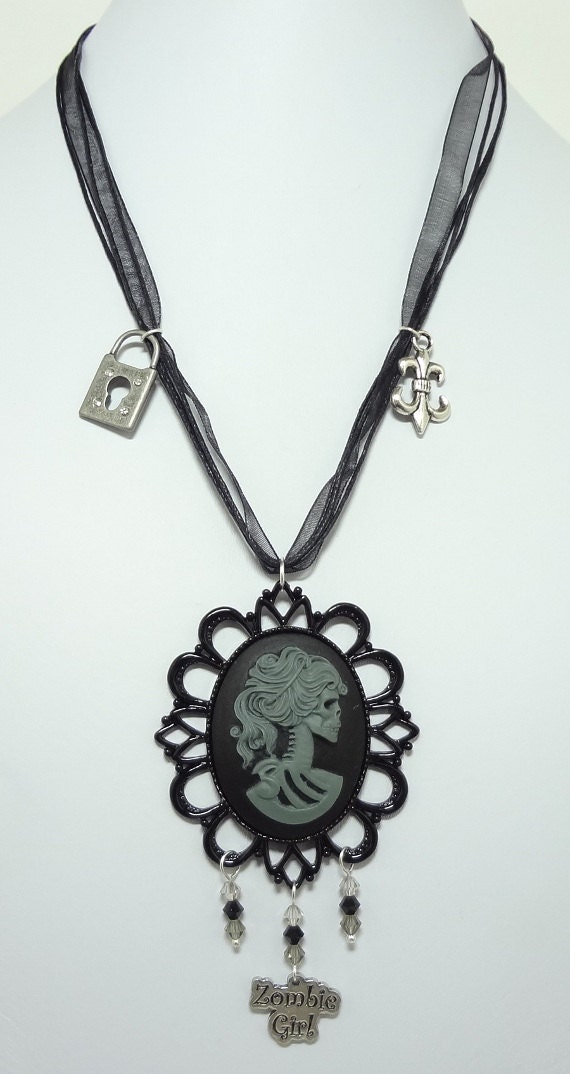 Gothic Lolita Necklace with Czech Crystals, Zombie Girl, Fleur de Lis and Lock Charms - On A Quadruple Strand Black Ribbon