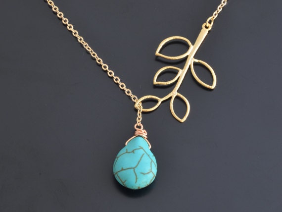 Turquoise teardrop and branch yellow gold neckalce.