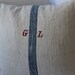 Vintage Grain Sack Pillow Sham Blue Stripe and Red Monogram