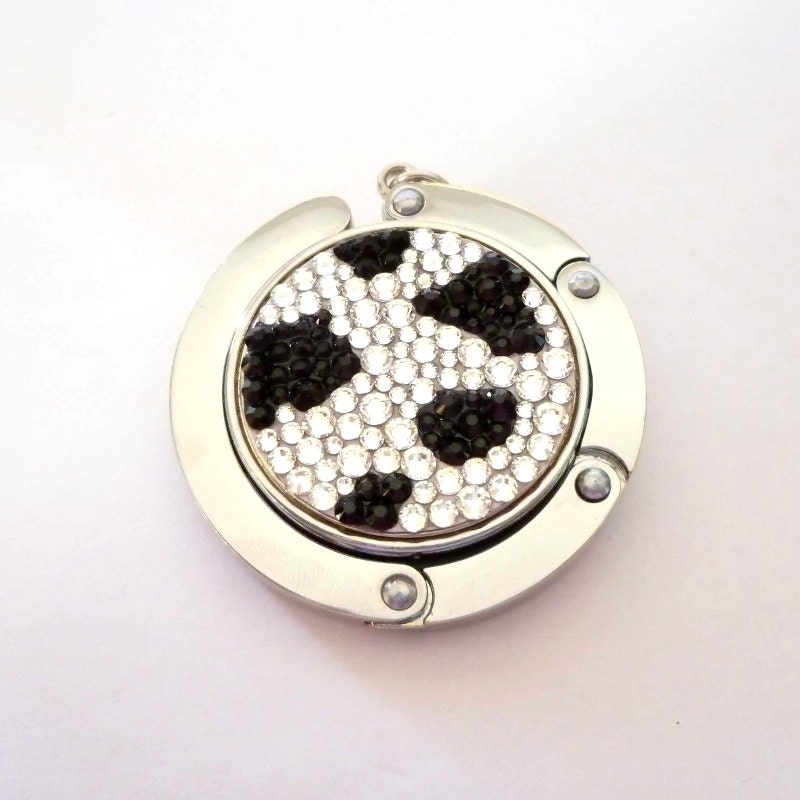 Cow foldable bag hanger, purse hook, bag holder made with Swarovski flatback crystals - Black x Crystal