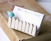 Little Bird On a White Picket Fence - Ceramic Business Card Holder - Tiffany Blue
