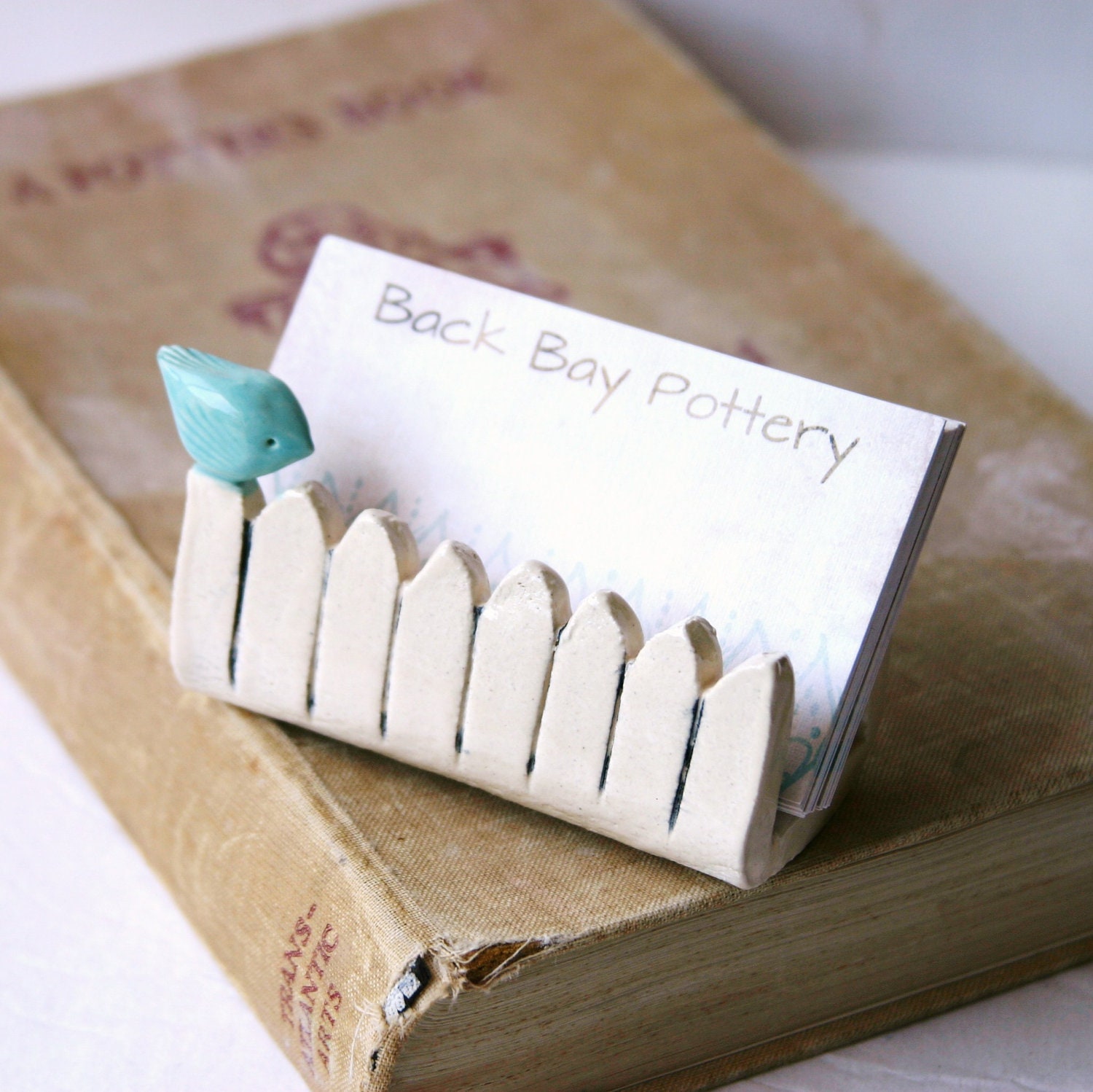 Little Bird On a White Picket Fence - Ceramic Business Card Holder - Tiffany Blue