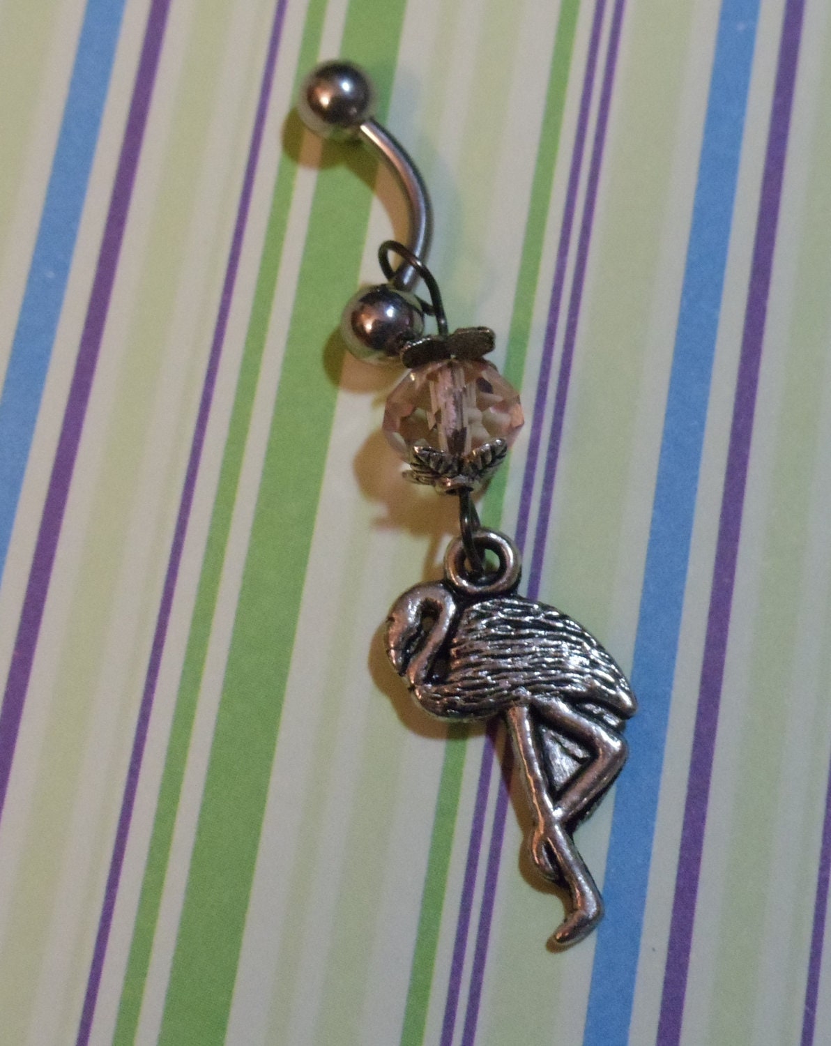 Flamingo with pink crystal belly ring - T109